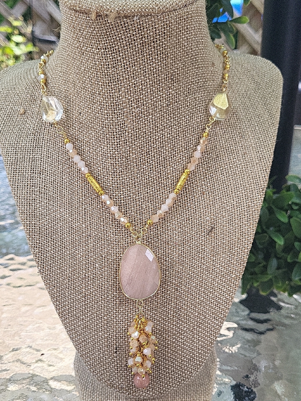 Gold Plated and Blush Teardrop Rose Quartz Pendant Necklace